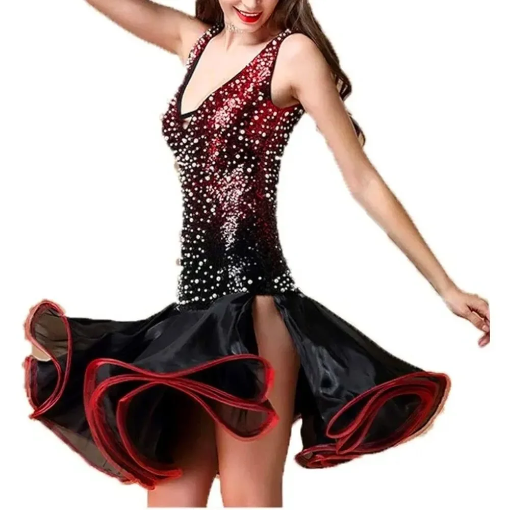 NWT Latin Ballroom Dance Dress Womens S Red Black Sequin Pearl V Neck Performanc